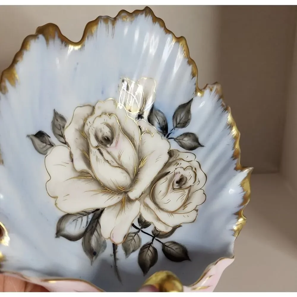 Vtg Chubu China Hand Painted Shell Shaped Trinket Dish Rose Pale Blue, Pink